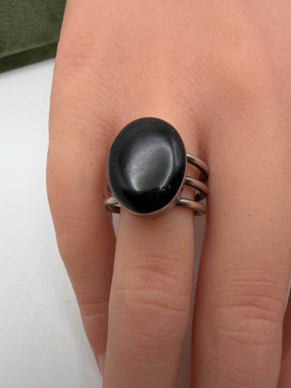 Vintage Sterling Signed Mexico Cabochon Black Onyx Adjustable Open Ring Sz 6.5